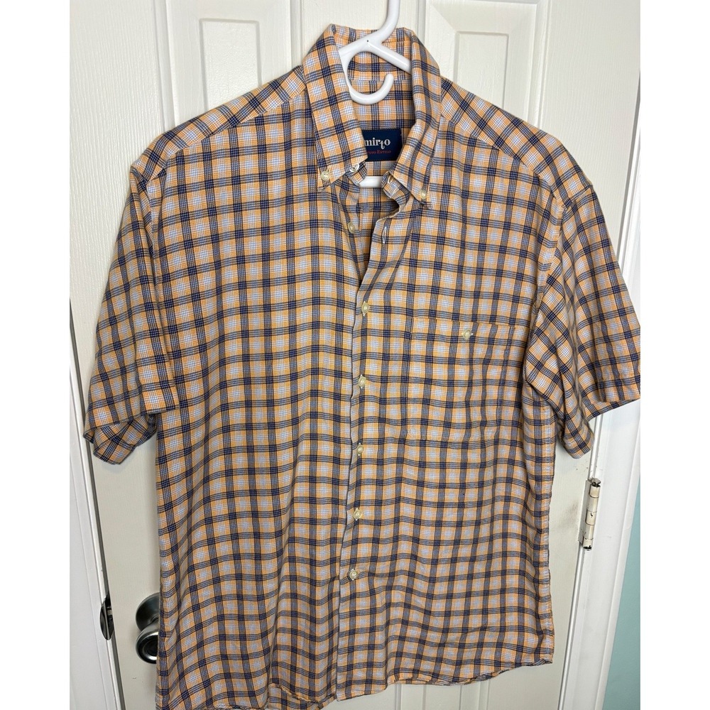 Mirto Madrid Yellow Blue Plaid Shirt Mens Sz S 2 Made Spain Short Sleeve